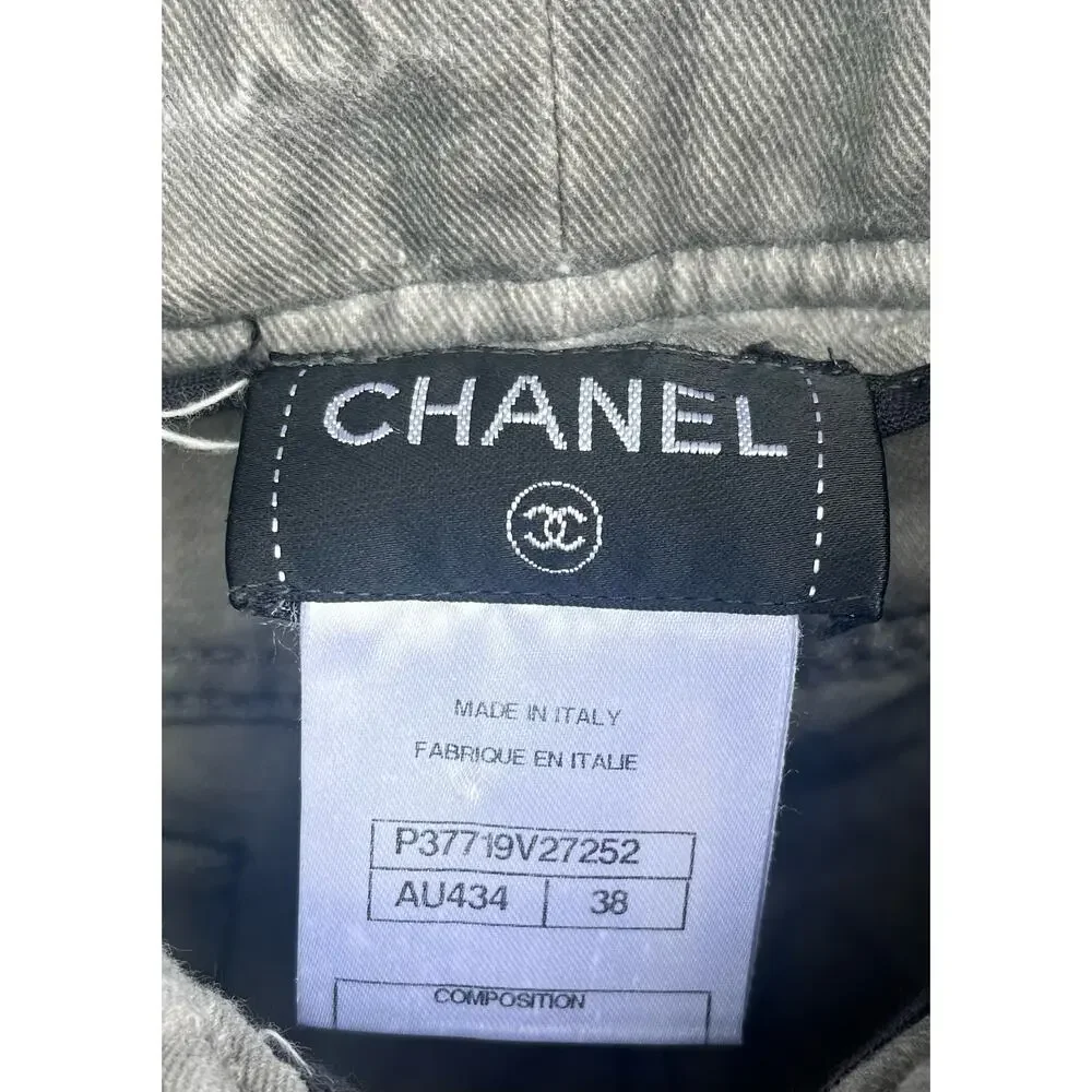 Y2K Vintage CHANEL Grey Wash Quilted Waist Skinny Denim Jeans Sz. 38  / 6 US